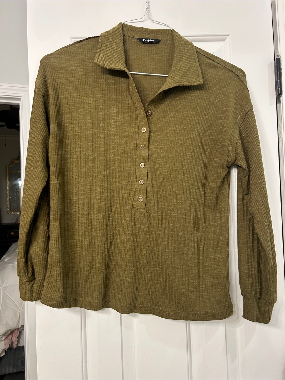 Long-Sleeve Olive Green Waffle Knit Henley Top